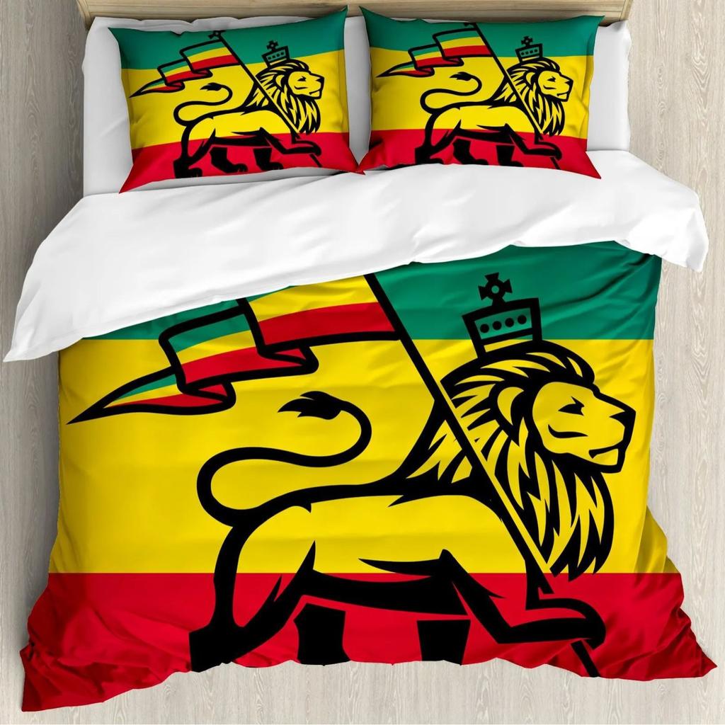 Lion Print Duvet Set Full Size Animal Flower Quilt Cover Natural Theme Bedding Three-Piece Set