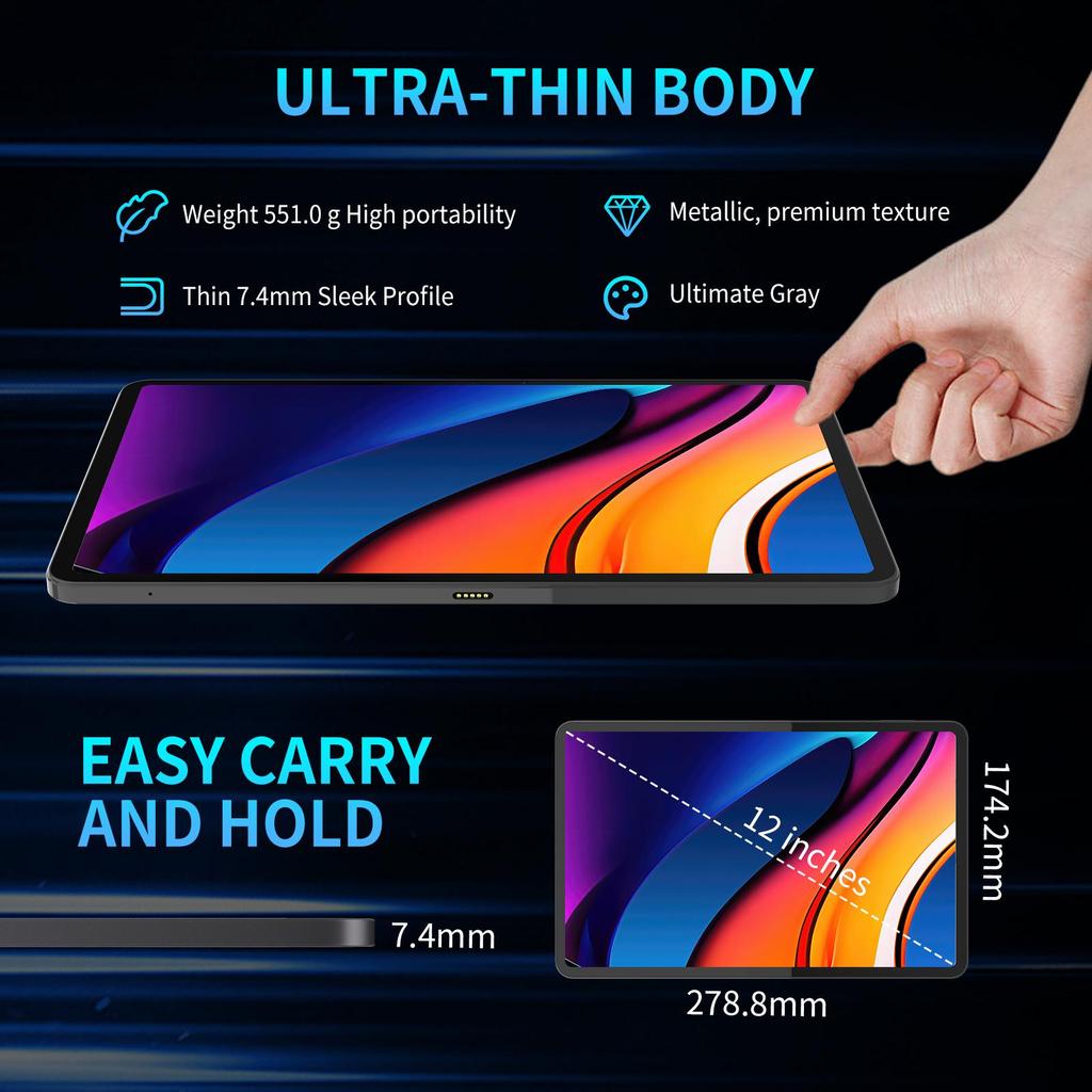 G-tab MEGA12 12-inch High-performance tablet,Adaptive Sync 90Hz,8800mAh battery,8+256GB of Storage,slim 7.4mm Screen,grey.