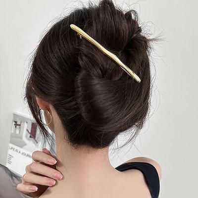 Women Simple Metal Golden Long Barrettes Ponytail Hair Clips Vintage Hairpins Automatic Smooth Spring Clip Hair Accessories