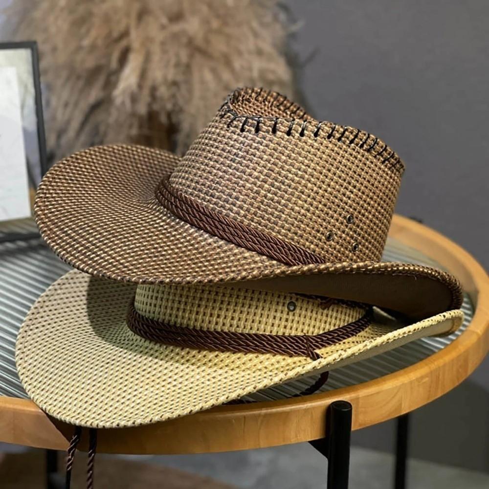 Solid Color Straw Hat Fashion Plaid Western Cowboy Hat Fashion Panama Hat  for Men and Women