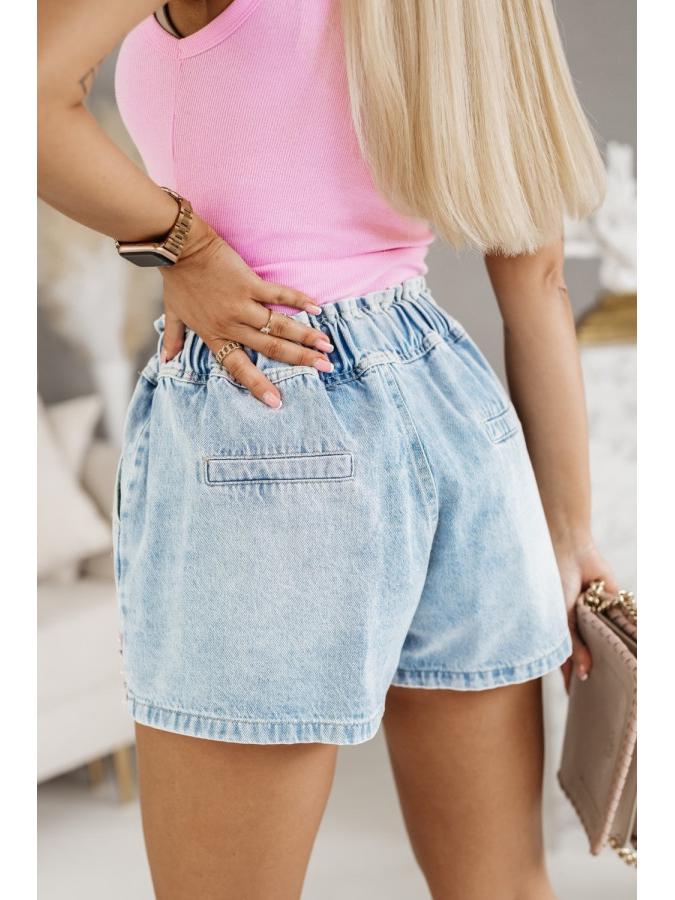 Handmade Beaded Rhinestone Elastic Waist Denim Shorts for Women – European & American Summer Autumn Fashion