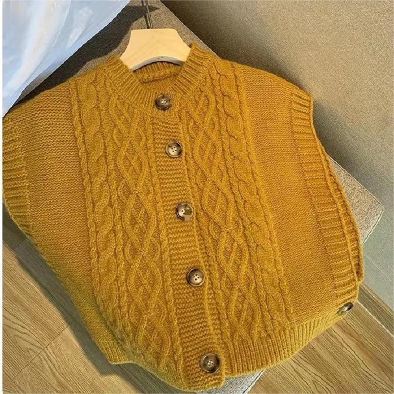 

Женский жилет без рукавов, вязаный узором «косы», на пуговицах, в художественном стиле, серый, с круглым вырезом, вязаный жилет, универсальный One size