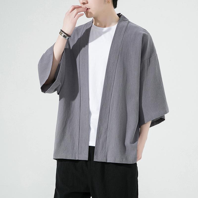

2023 Summer Men s Loose Solid Color Seven-Sleeve Cardigan - Casual Chinese Style, Plus Size L серый