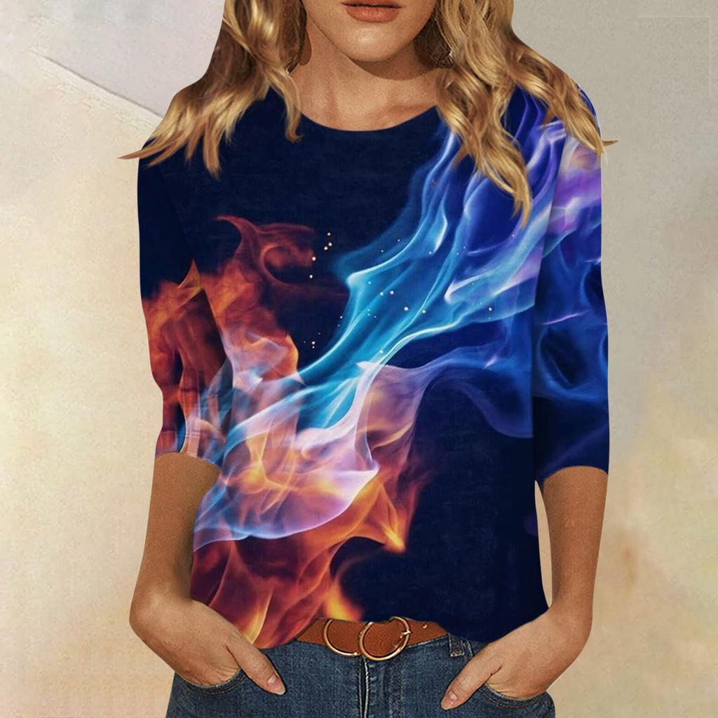 Vår och Höst Rundhals Blommönster 3D Kreativ Personlig Färgglad Tryckt Topp Trendig Casual Långärmad Dam T-shirts