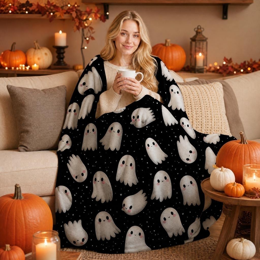 Halloween Flannel Throw Blanket with Pumpkin Print, 150*130cm, Soft Cozy Blanket for Couch Home Nap