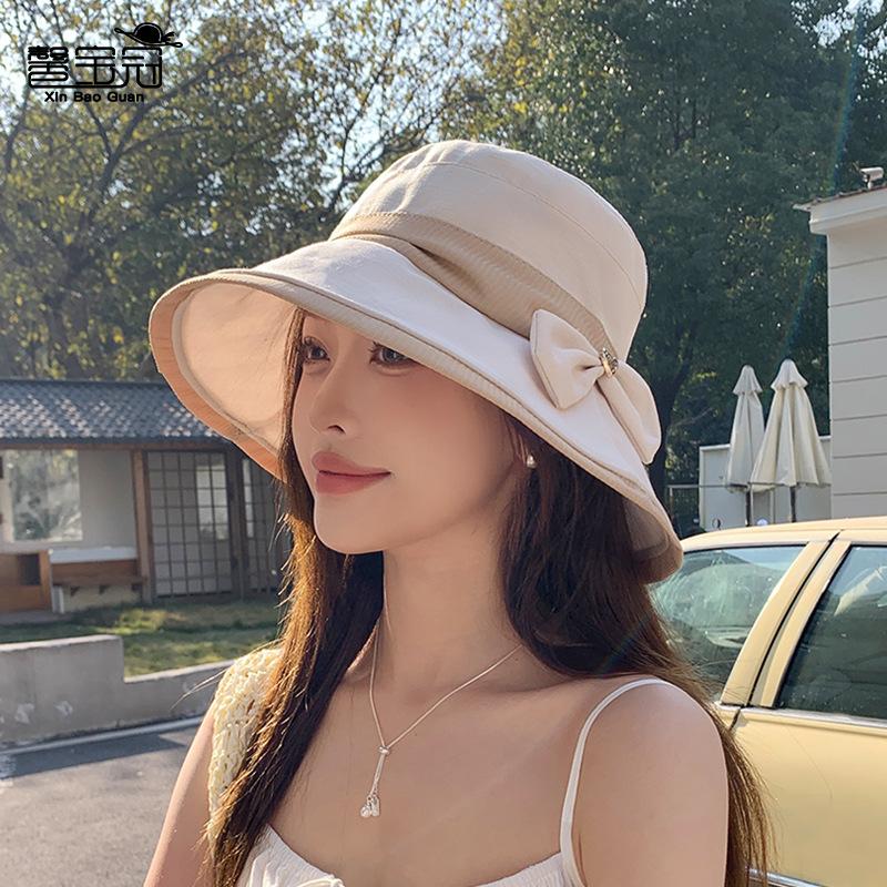 Summer face covering sun protection hat children two-color bow big brim bucket hat premium outdoor sun hat