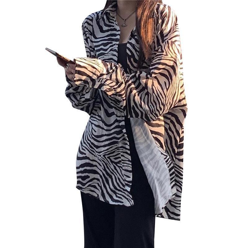 Zebra print shirt for women, 2024 new black and white Hong Kong style, loose and versatile casual long-sleeve top for women