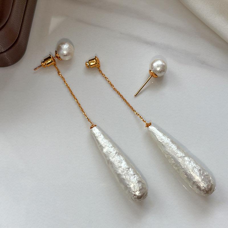Sterling Silver Needle Textured Water Drop Pearl Earrings Women's Design Stud Earrings Long Fringed Ears