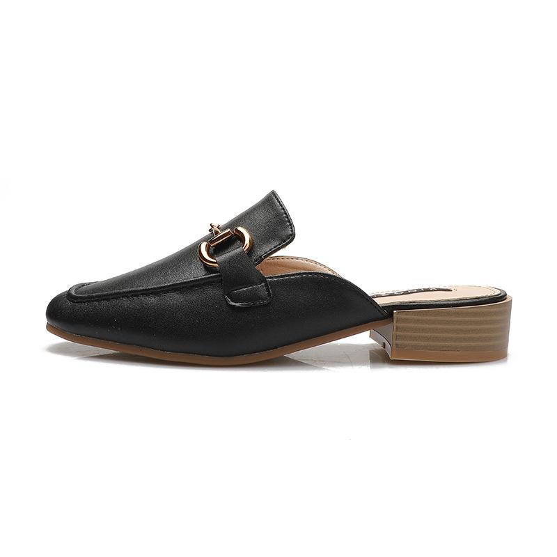 

Кожаная сумка голова полушлепанцы женские для улицы 2025 новые толстый каблук одинарные туфли мягкая кожа удобная обувь пряжка-лошадка мюли 39 чёрный