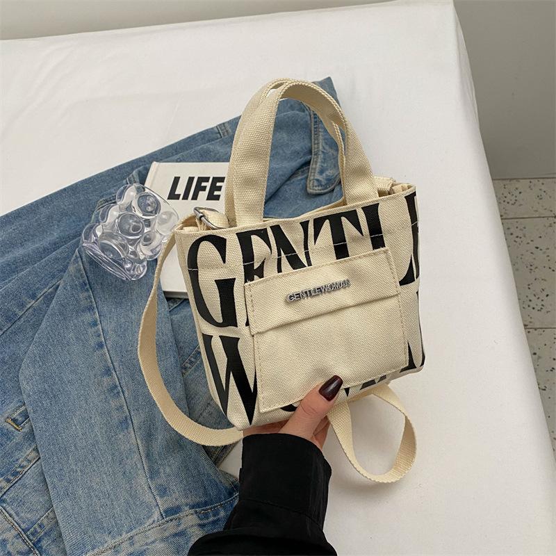 Small Mini Letter Printed Handheld Canvas Bag Contrasting Color Casual Shoulder Bag
