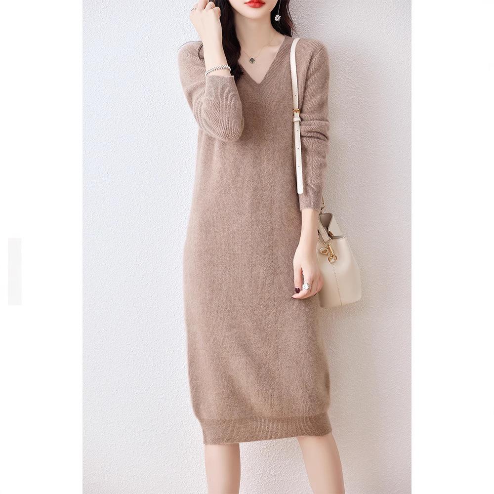 

Women s Thick 100% Wool V-Neck Long Over-the-Knee Knitted Dress S for 90-100 lbs