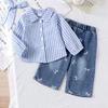 Spring and Autumn Infant Girls' Set Striped Long Sleeve Shirt + Denim Long Pants Two-Piece Set