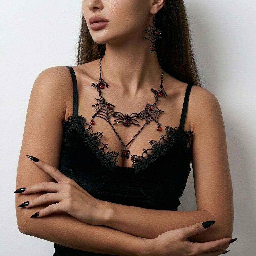 Ornate Halloween Spider Necklace Rhinestone Earring Necklace Set New Gothic Jewelry Set Cosplay