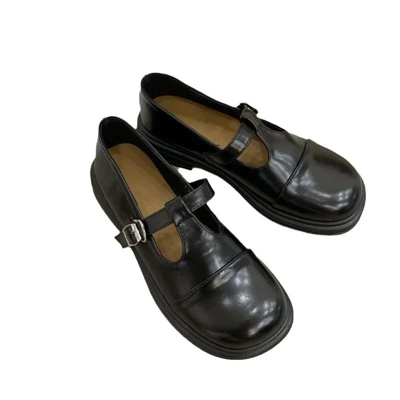 Schuhe für Damen Britischer kleiner Lederschuh für Damen Vintage runde Zehenpartie niedriger Absatz Damenschuh lässiger Loafer Schule Einzelner Schuh