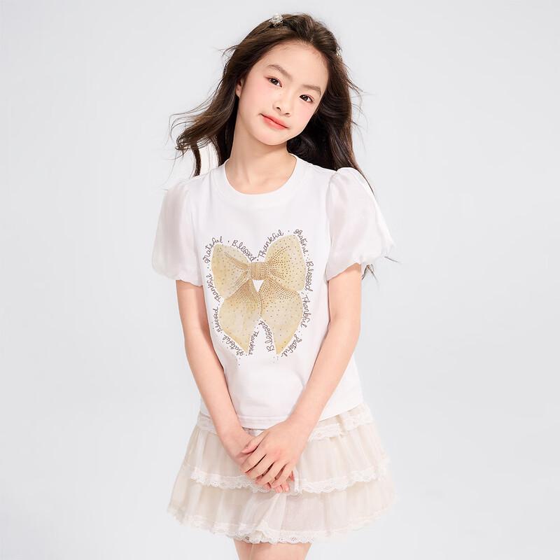 Girls' Rhinestone Bow Print Short Sleeve T-shirt