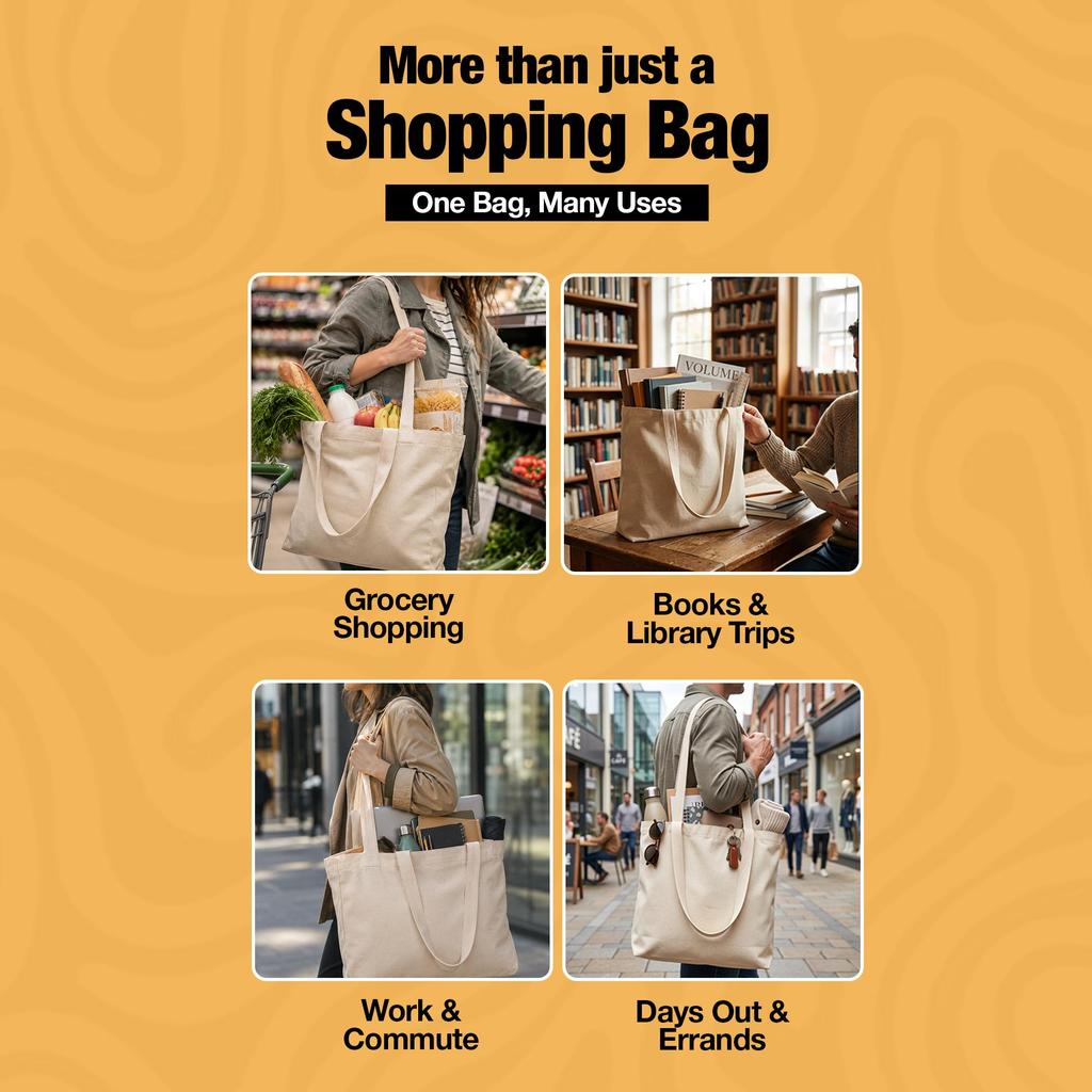 Cotton Shopper Bag 38 x 42cm 15L – Reusable Tote Bag in Black, White & Natural