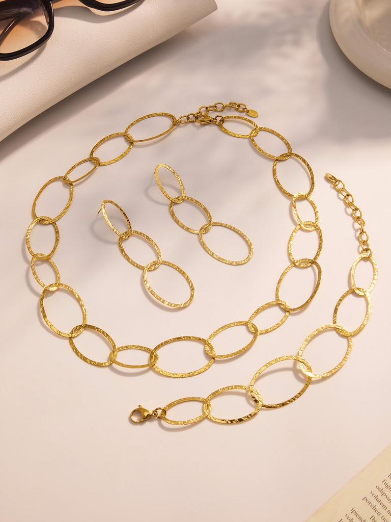 Handmade Hammered Stainless Steel Jewelry Set: Ferris Wheel Circle Necklace, Bracelet & Earrings with Real Gold Plating