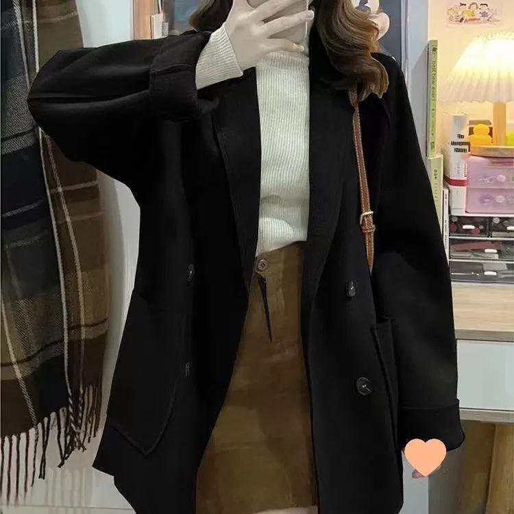 Women's Korean-Style Woolen Lapel Coat – Small Size, Loose Fit, Versatile for Spring & Autumn 2024
