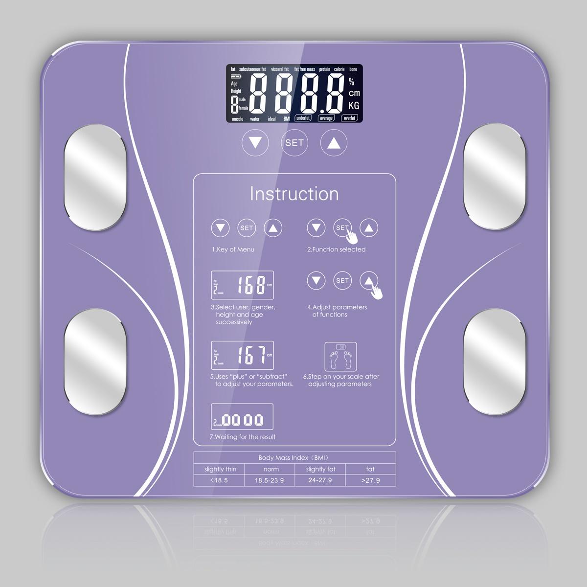 

Умные весы для определения жира в организме, весы для ванной комнаты с сенсорным управлением, электронные весы для ванной комнаты с сенсорным управлением ИМТ English фиолетовый