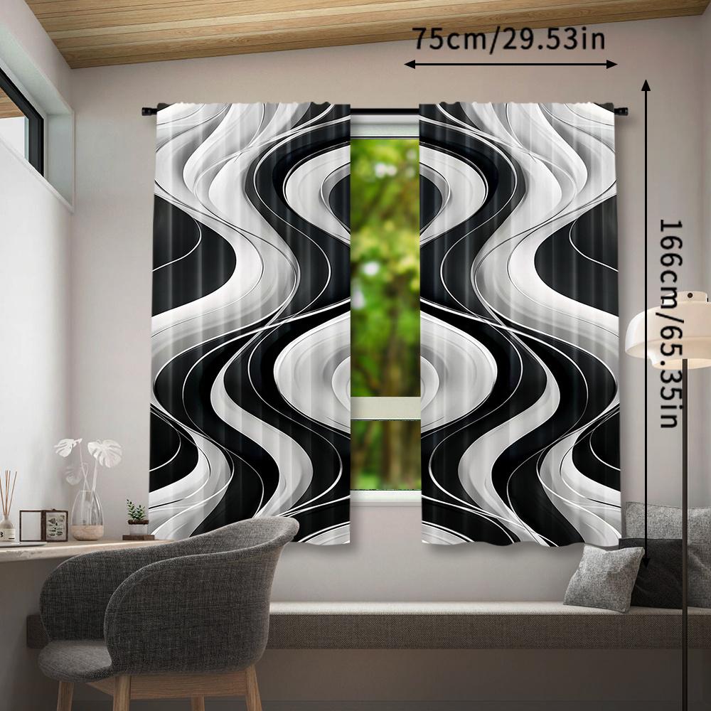 2pcs Modern Abstract Black & White Wavy Lines Curtains - Rod Pocket Window for Bedroom   Office   Kitchen   Living Room   and Study