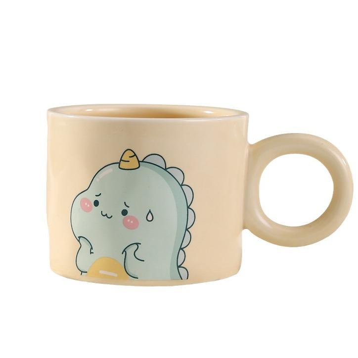 Light Luxury Ins Style Dinosaur Ceramic Cup Cute Mug with Lid Spoon Household High Value Coffee Cup Souvenir