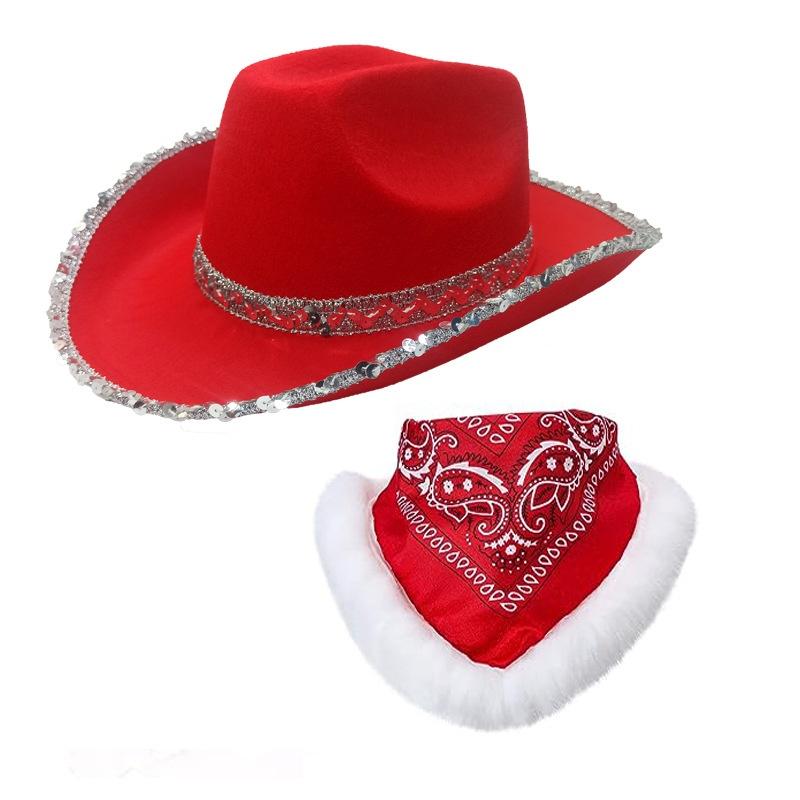 Fashion Santa Claus Party Christmas Luminous Cowboy Hat Western Red Felt Hats Wide Brim Cowgirl Hat Jazz Hat For Women Men