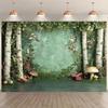 2D Whimsical Forest Birch Mushroom Tapestry Green Nature Scene Wall Art for Baby Shower