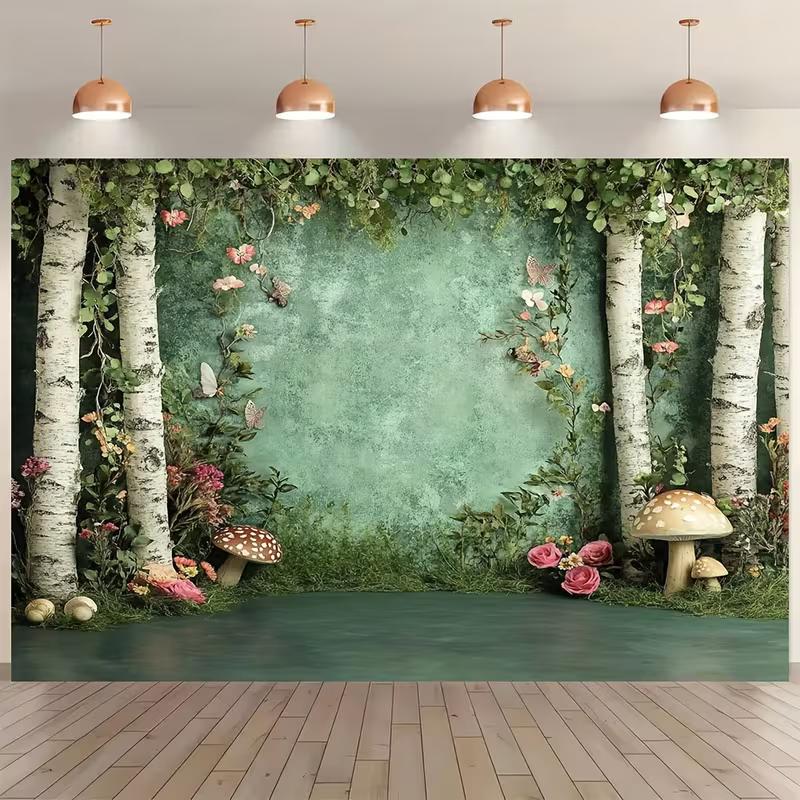 2D Whimsical Forest Birch Mushroom Tapestry Green Nature Scene Wall Art for Baby Shower