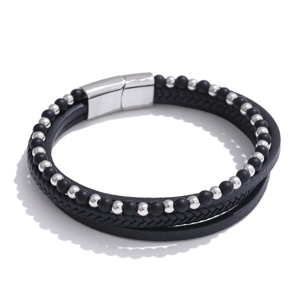 

Yhpup 22cm Natural Stone Fiber Leather Braided Beads Layered Bracelet Bangle Stainless Steel Tarnish Resistant Handmade Jewelry