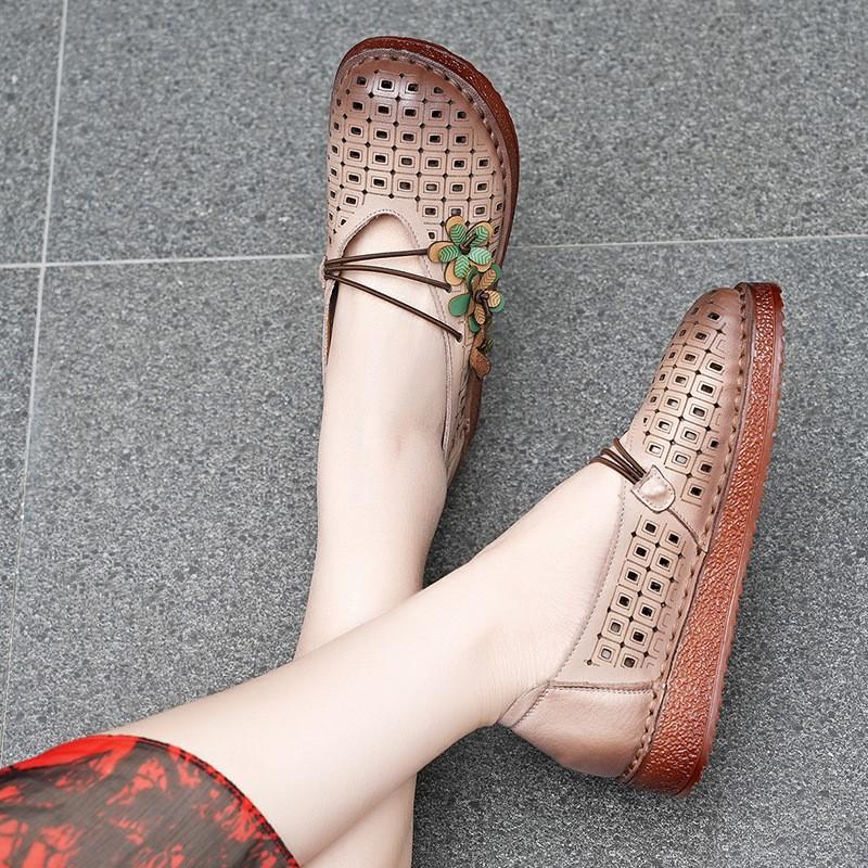Johnature Flat Sandals Genuine Leather Hollow-out Breathable Retro Soft Soled Women's Shoes