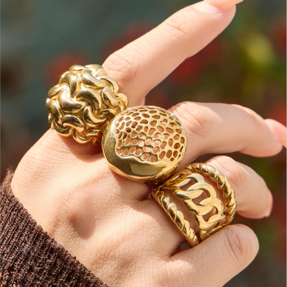 Vintage Hollow Stainless Steel Rings for Women Gold Plated Interwoven Textured Chunky Ring Statement Bold Keeper Rings