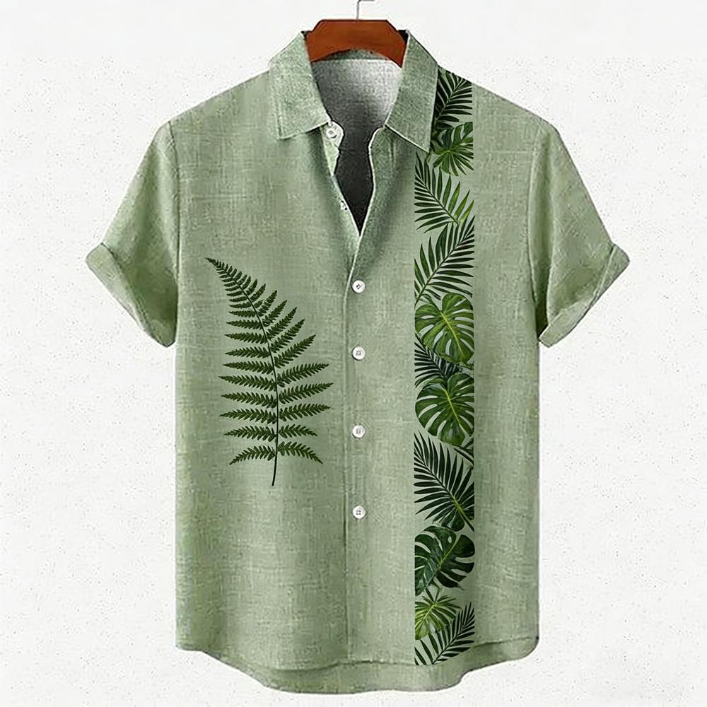 Men's new green linen short-sleeved shirt HD coconut tree pattern 3D printed shirt Hawaiian vacation outdoor social men's wear