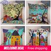 Retro Rural Color Cities Cushion Cover For Sofa Home Car Decor Colorful Cartoon House Pillow Case Tree Short Plush Pillowcase