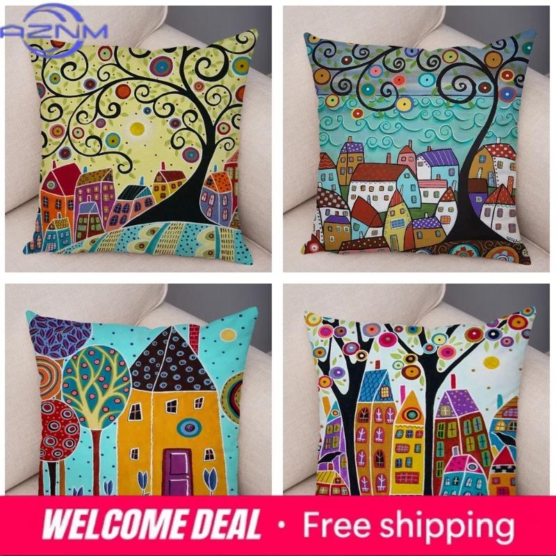 Retro Rural Color Cities Cushion Cover For Sofa Home Car Decor Colorful Cartoon House Pillow Case Tree Short Plush Pillowcase