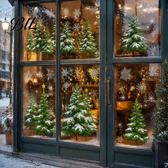 Festive Store Window Decor 2Pcs Christmas Snowflake Clings, Winter Green Pine Tree Static Glass Seasonal Home Ornament Stickers, Snow Dots Xmas Decals
