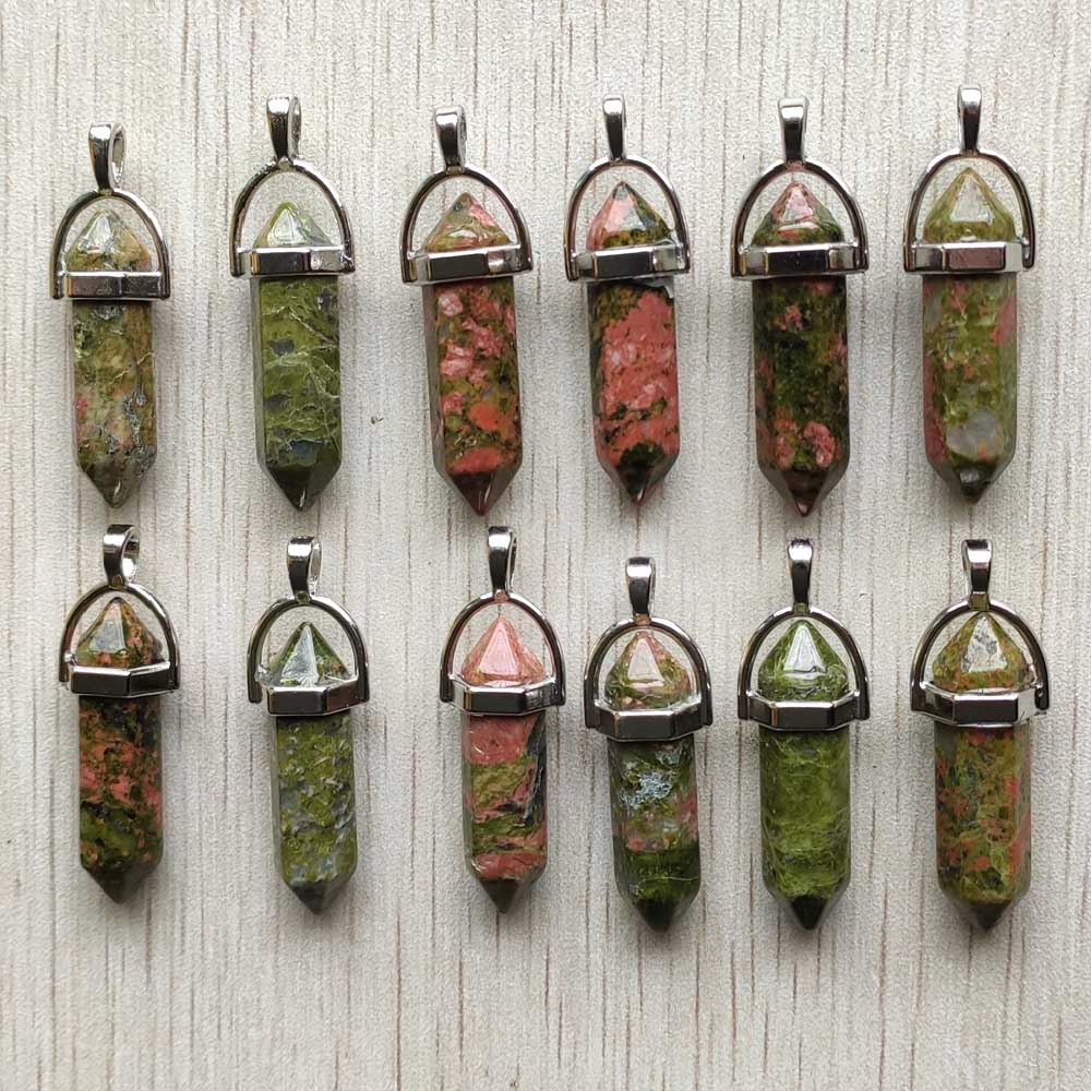 Natural stone quartz aventurine lapis crystal hexagonal pillar Pendants for Jewelry accessories 12pcs