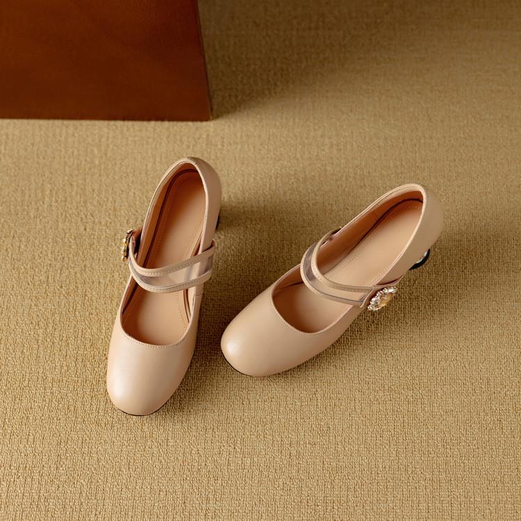 Retro small fragrant wind round head Mary Jane shoes girl 2025 autumn new rhinestone high heels gentle fairy wind sweet