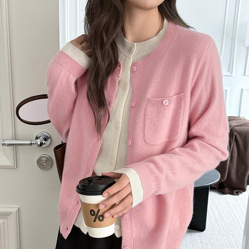 Women's College Style Wool Cardigan - Round Neck, Color Block, Fake Two-Piece Design for Autumn/Winter.