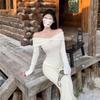 Elegant Spicy Mesh Patchwork Off-Shoulder Long-Sleeve T-Shirt - Slim-Fit Spring/Autumn Top for Women