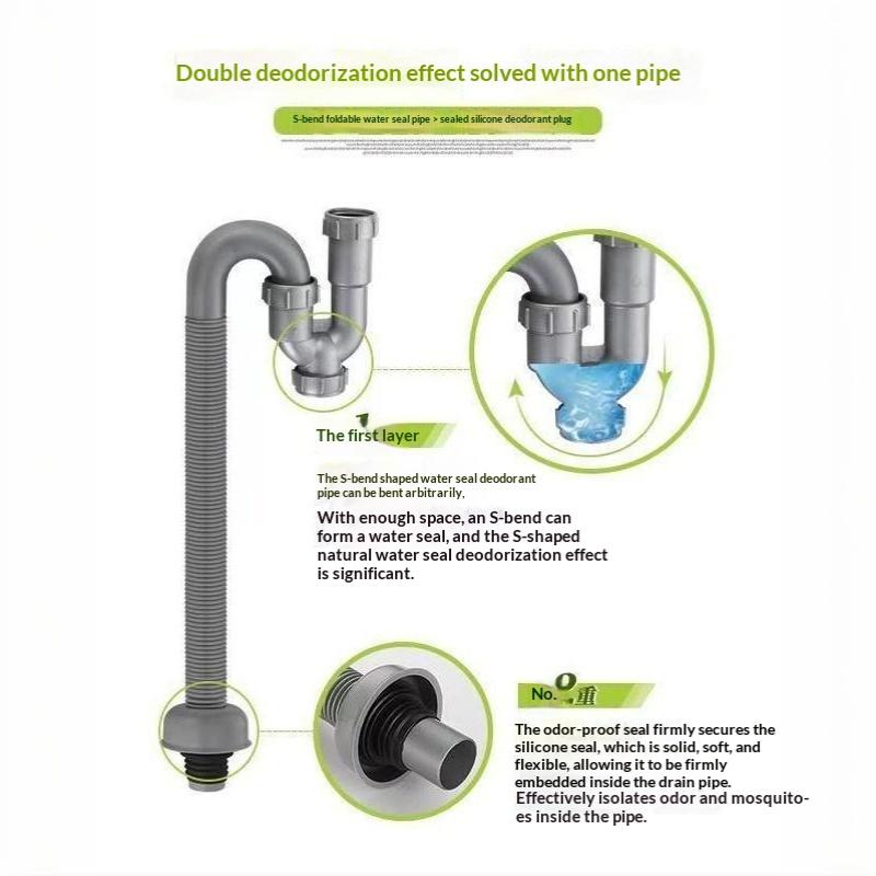 Lavatory Sink Drain Flexible S-Trap Hose PP Anti-Odor Extended Leakproof Fitting for Kitchen Bathroom Plumbing Repair