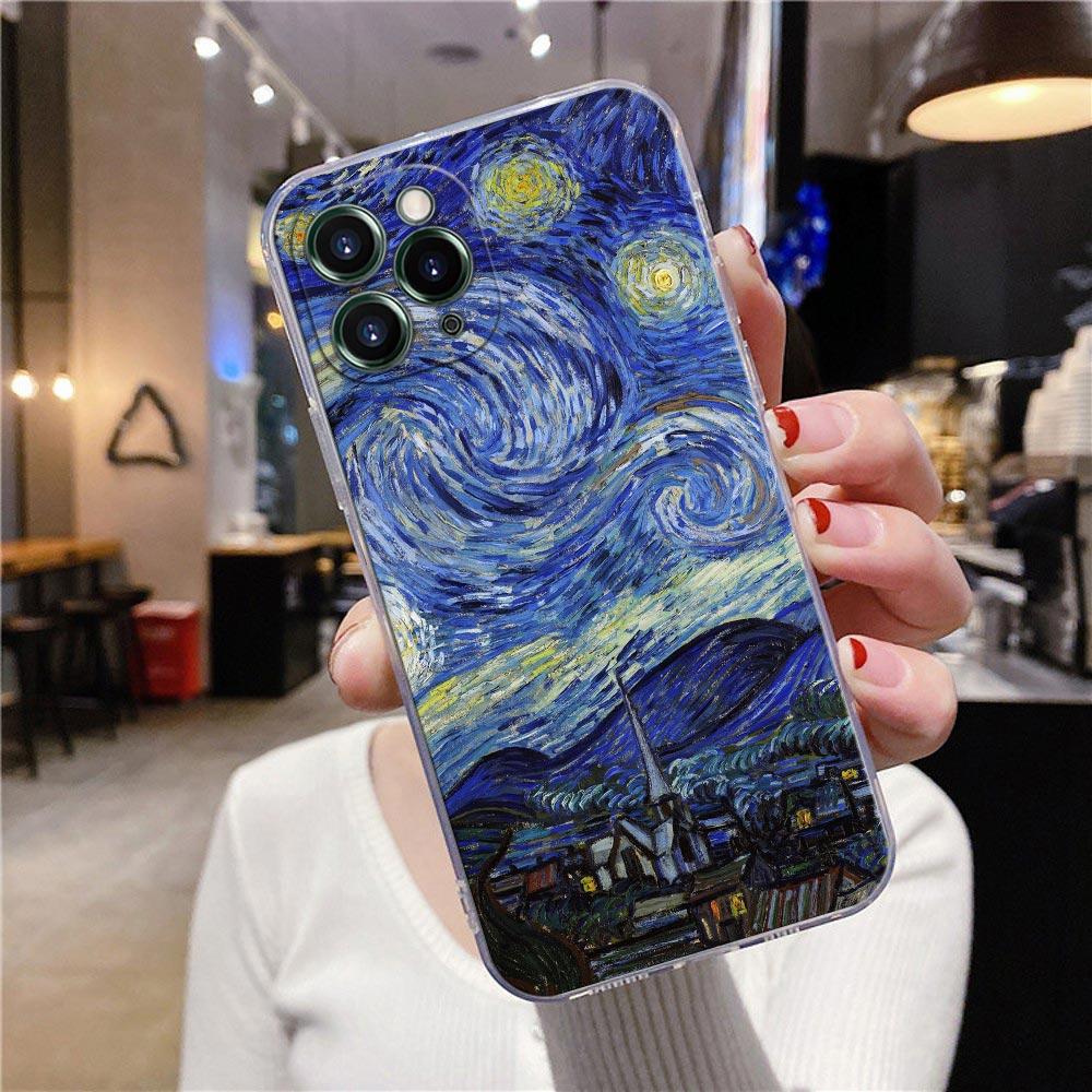 Starry Sky Van Gogh Oil Painting Sunflower Almond Blossoms Clear Phone Case For iPhone 15 13 11 12 14 Pro Max XS 7 8 Plus Covers