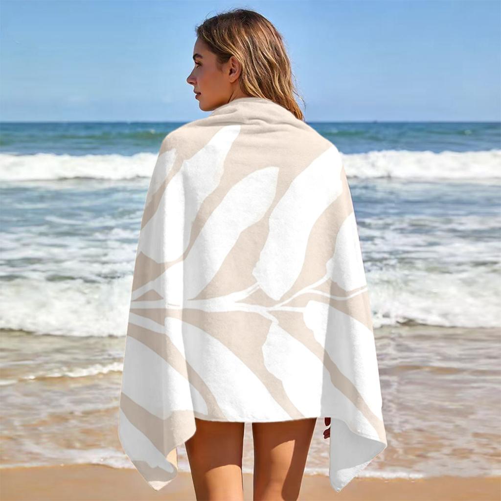 Beige White Leaf Pattern Beach Towel, Fast Drying Absorbent Lightweight for Beach Surfing Camping