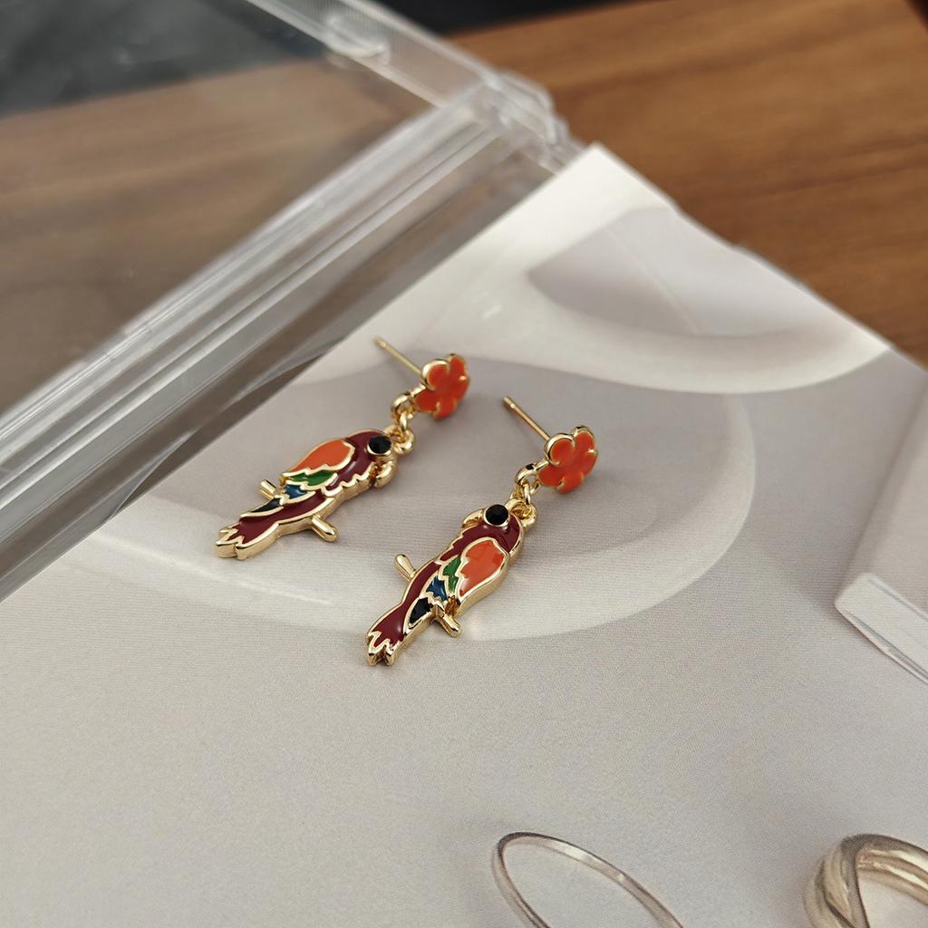 Vintage Fashion Court Bird Flower Colored Parrot Earrings Personality Trend Niche High-End Earrings