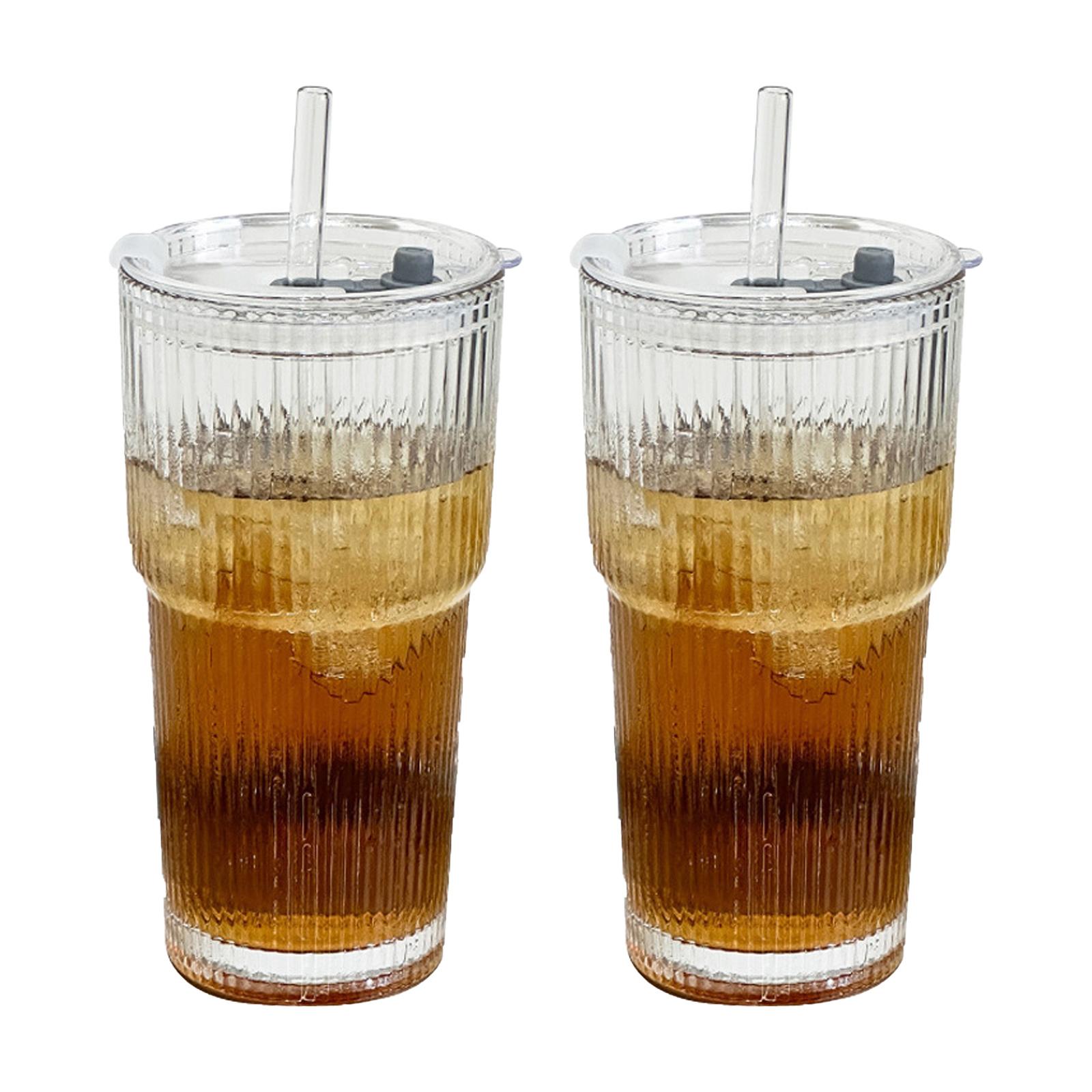 

Pack of 2 600ml Double Wall Glass Cups with Lids and Straws Heavy Duty Cold Drink Containers for Coffee Juice Tea