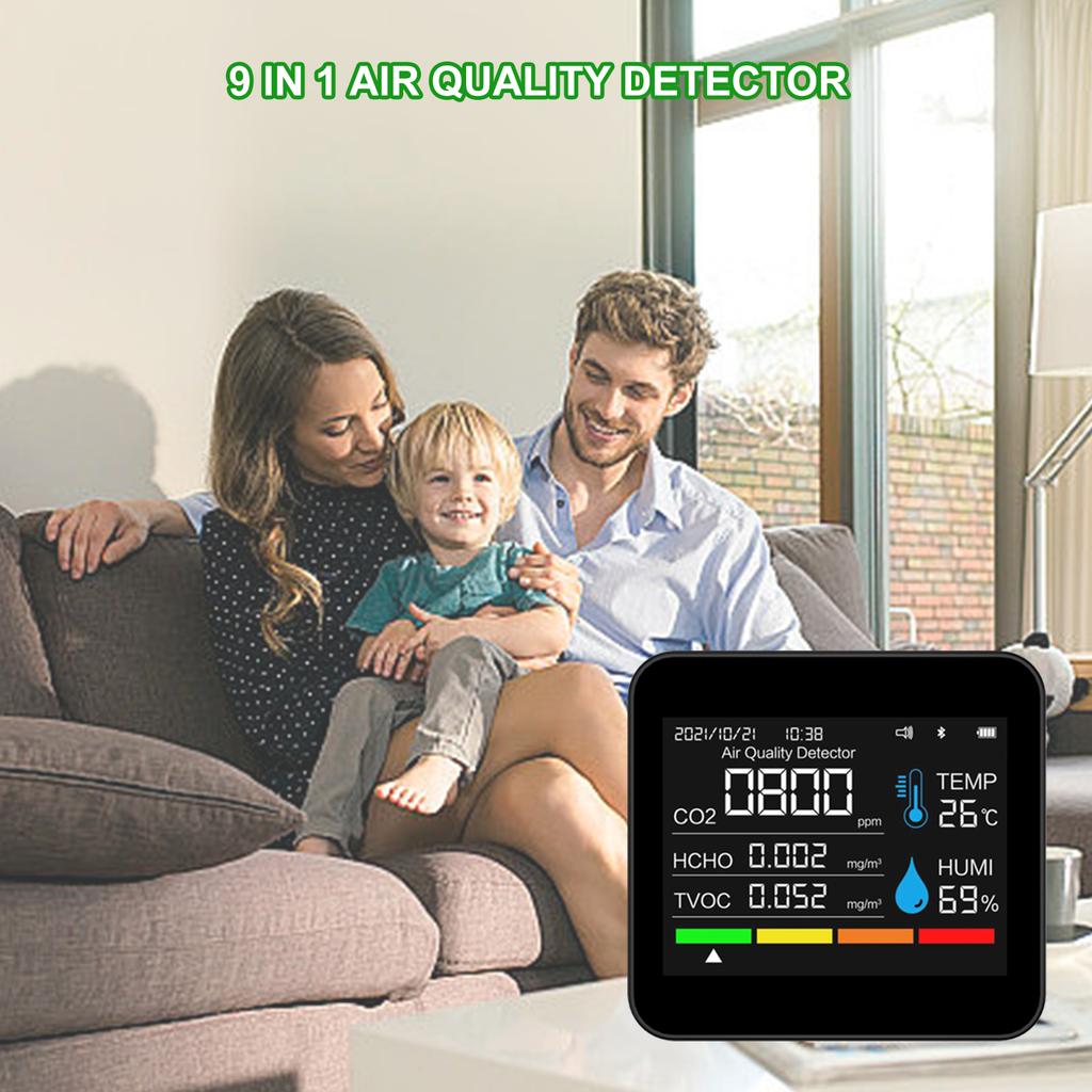9 in 1 Indoor Air Quality Monitor Portable PM2.5 PM10 CO2 Detector with Temperature Humidity Formaldehyde TVOC Display