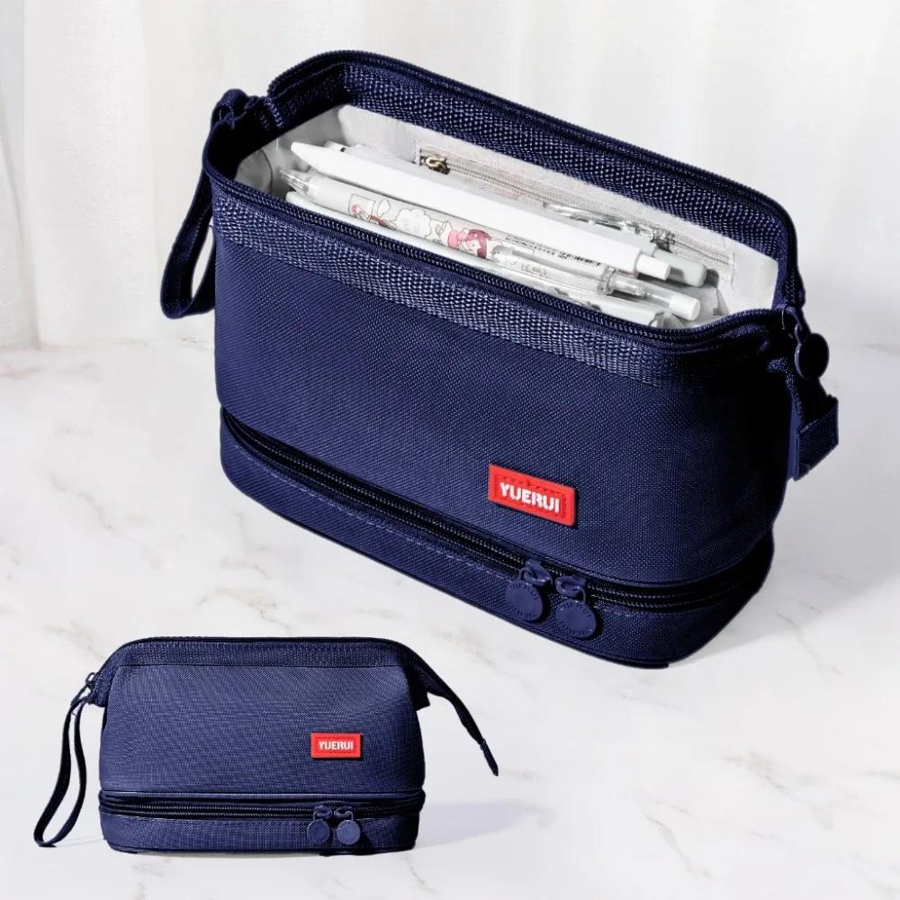 Simple Oxford Cloth Pencil Bag Double-layer Multifunctional Stationery Bag Portable Large Capacity Pen Case Gift