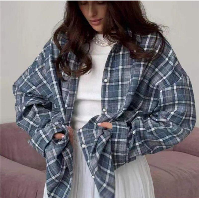 Fashion Retro Plaid Loose Long Sleeve Shirt Shirt Women Oversize Blouse Shirt Women