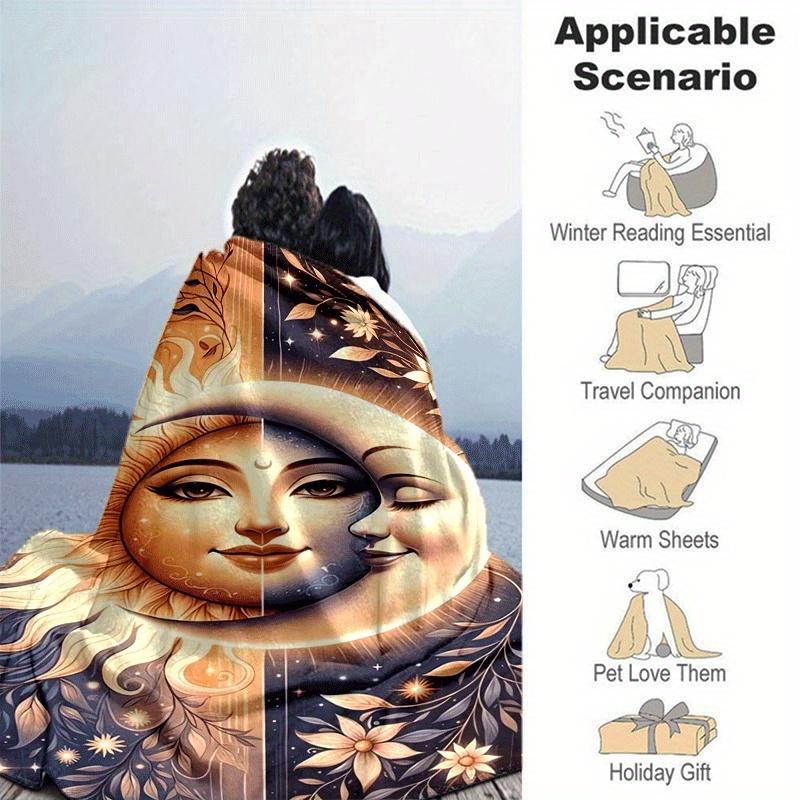1pc Yin Yang Sun Moon Printing Lightweight Flannel Blanket, Comfortable and Warm Blanket, for Camping Sofa Bed and Couch Office, Gift