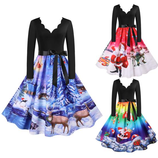 Buy Party Dress V Neck Large Swing Polyester Christmas Printed Pleated