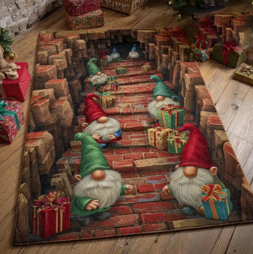 Gnome Gift Tunnel 3D Rug Christmas Area Rug 3D Gnome Christmas Rug Brick Tunnel Carpet Holiday Gnome Area Rug,Printed 3D Effect 40x60cm